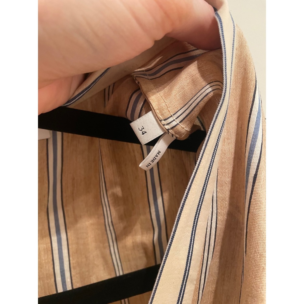 Sandro Paris Striped Tiered Midi Dress Tan Blue V-Neck TieWaist SFPRO01114 34 XS - Picture 5 of 6